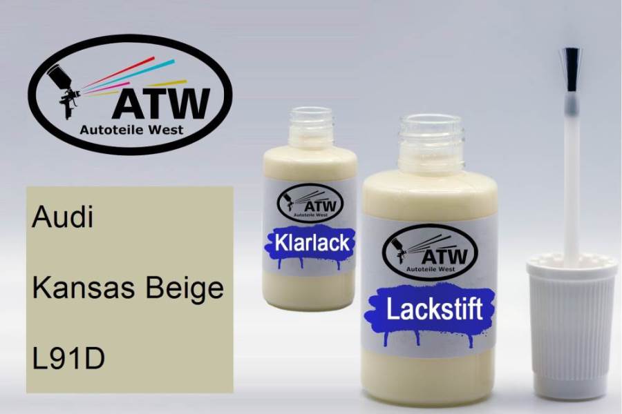 Audi, Kansas Beige, L91D: 20ml Lackstift + 20ml Klarlack - Set, von ATW Autoteile West.